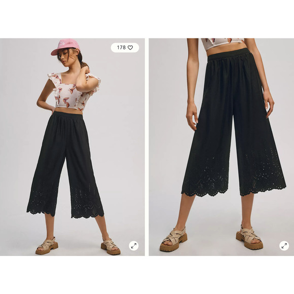 Anthropologie Pants Womens 2T Tall Black Wide Leg Eyelet Crop High Rise Side Zip - Picture 14 of 15